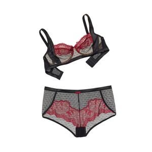 Adore Me Lark Unlined Balconette Bra Black Red‎ Size 42DDD NWT